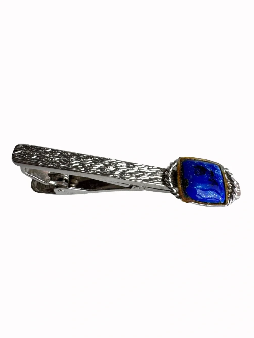 Vintage Cobalt Blue Cloisonne Tie Clip Silver Tone Textured Enamel Bar Groom